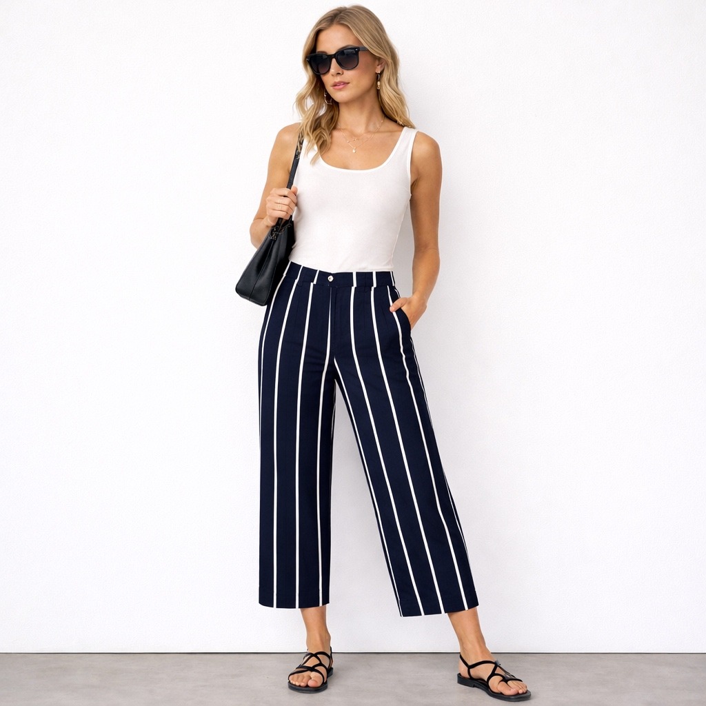 Luisa Cerano Striped Wide Leg Trousers Women 8 Navy White Nautical Cropped Pants